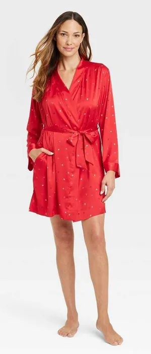 Stars Above Satin Red Ditsy Heart Print Silky Feel Sleep Robe XS Valentines Day thumbnail 1