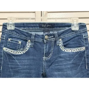 Earl Jeans‎ Med Wash Low Rise Skinny Bootcut Denim Jeans Size 1 Embroidered Gems thumbnail 2