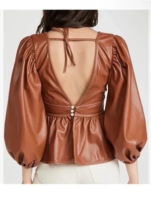 Staud Luna Vegan Leather Peplum Top - Whisky Brown thumbnail 2