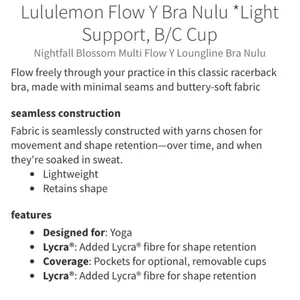 Athletica Flow Y Bra Nulu Light Support Nightfall Blossom Multi Size 6 thumbnail 12