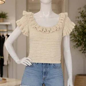 H&M Womens Sweater Top Beige Ruffle Neck Short Sleeve Knit Medium thumbnail 1