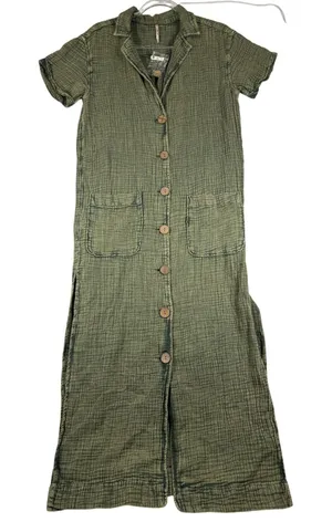 Free People Green‎ Cotton Gauze Button Front Maxi Shirtdress Small OB1546940 thumbnail 1