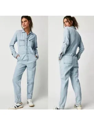 NWT Free People x Lee Union-Alls Coverall Denim Jumpsuit S Sky Blues Stripe thumbnail 2