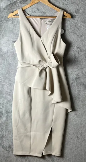 Fehaute‎ Sophisticated Beige Midi Dress Sleeveless Wrap Front Draped Bow MED New thumbnail 1