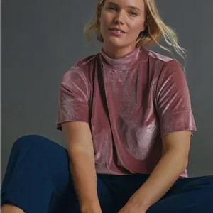 Anthropologie Krisha Mauve Velvet Mock Neck Short Sleeve Top Size Large thumbnail 1