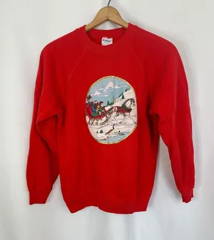 Vintage Hanes Christmas Sweatshirt Horse Sleigh Graphic Crewneck Red Women Large thumbnail 2