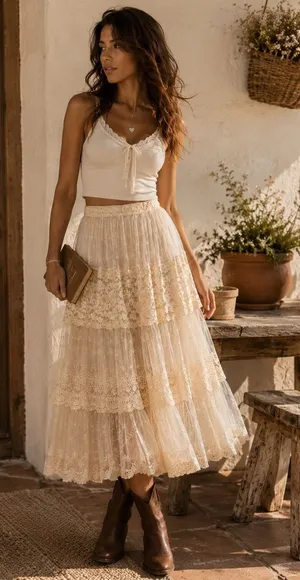Vintage Boho Fairycore Lace Mesh Tiered Midi Skirt Cream Ivory Sheer Romantic S thumbnail 1