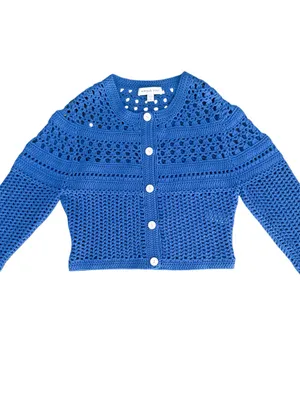 Amour Vert Blue Crochet Open Knit 3/4 Sleeve Cropped Cardigan Sweater Small thumbnail 6