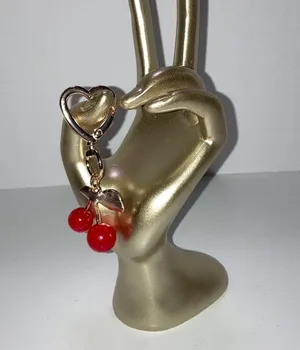 Gold-tone Red Cherry Keychain or Bag Charm on Swivel Heart Clip thumbnail 4
