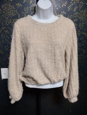 Altar'd State Cream Fuzzy Crewneck Sweater thumbnail 1