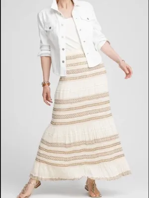 Chico’s Maxi Skirt Size Large Cream Crochet Gauze Trim Boho Festival Coastal thumbnail 7