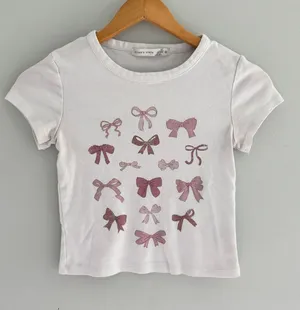 Altar’d State Pink Bow Graphic Baby Tee White Coquette Top S thumbnail 1