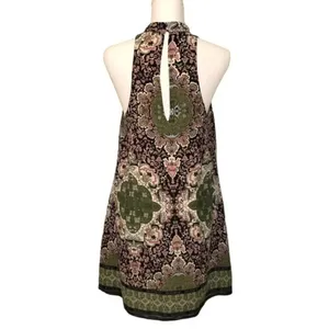 Olivaceous Olive Green Pink Batik Quatrefoil Print Shift Dress Choker Neck MED thumbnail 3