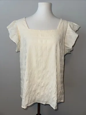 Summer Beige Ruffled Sleeve Square Neck Chiffon Blouse Top Women's Large thumbnail 1