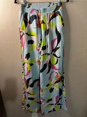 A New Day Blue Tropical Floral Linen Rayon Wide Leg Pull On Vacation Pants thumbnail 2