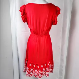 SOLITAIRE Red Summer Dress Women’s Size Medium Boho Eyelet Hem Ruffle Sleeve thumbnail 9