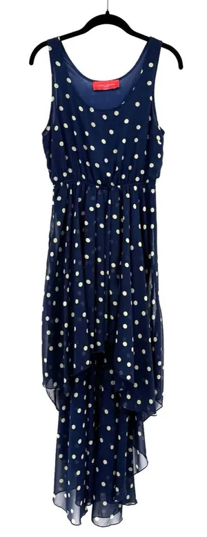 Akira Chicago Polka Dot Chiffon Hi-Lo Dress S Navy Sleeveless Nautical Old Money thumbnail 1