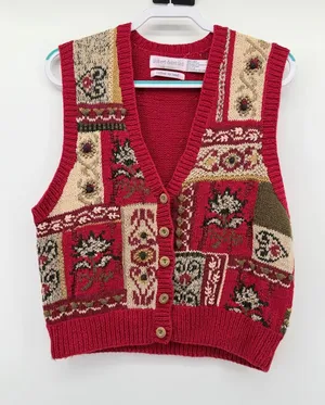 Robert Scott Ltd Womens Red Patchwork Floral Hand Knit Linen‎ Cotton Vest Large thumbnail 1