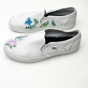 VANS White Perforated Leather Floral Custom Painted Slip On Shoes, Size 10 Boho thumbnail 11