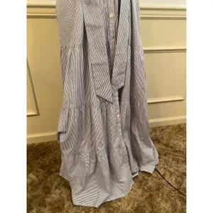 Gingy Tiered Cotton Blue White Striped Seersucker Maxi Shirt Dress Button Front thumbnail 3