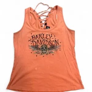 Harley Davidson Women's Tank Top Lace Up Back Sugar Skull Rhinestone Biker thumbnail 1