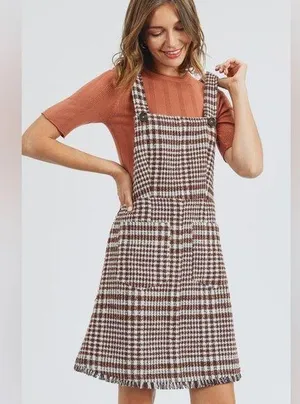 NWT Tea N Rose Brown and White Overall Houndstooth Pinafore Dress Raw Hem thumbnail 1