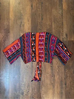 PATRONS OF PEACE by Anthropologie, boho floral, front tie shrug, size M thumbnail 4