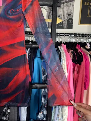 Edikted Sparks Fly Mesh Mini Dress Red Black Swirl Slit Bell Sleeve Medium New thumbnail 9