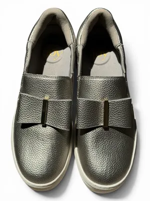 Joy Luxe Genuine Leather Bow Platform Sneakers Orthotic Slip On Pewter‎ 7.5W thumbnail 7