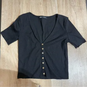Zara Black Button-Up Women's Short Sleeve Ribbed Knit Button Henley Top Small thumbnail 1