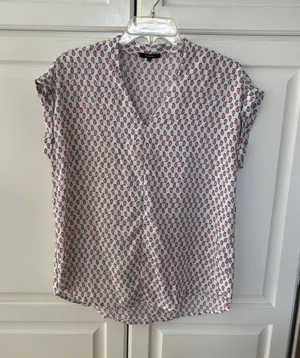 Pleione Womens‎ Small Pink Navy Paisley V-Neck Cap Sleeve Blouse Top White thumbnail 1