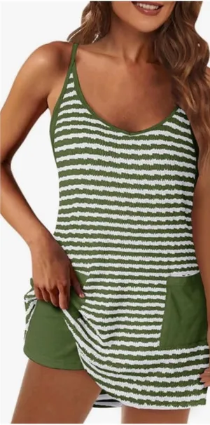 Green & White Striped Mini Dress with Pockets XL Built-in Shorts thumbnail 1