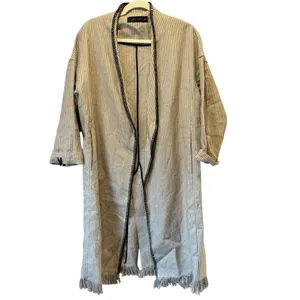 Zara Woman 100% Linen Striped Duster Coat Whipstitch Trim Beige XS Open‎ Front thumbnail 2