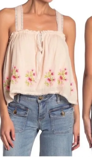 Free‎ People | Embroidered Floral Boho Beige Pink Lace Trim Tie Back Tank Top, M thumbnail 1
