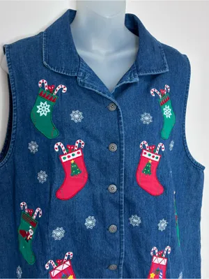 Westbound vintage Denim Holiday Vest Blue Red Green Stockings 90s large thumbnail 2