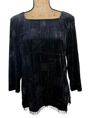 Vintage Caribou‎ New York Velvet Fringe Trim Blouse Black Witchy Size Large thumbnail 1