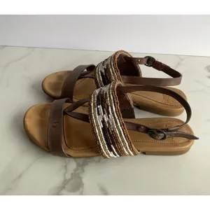 UGG Verona Serape Beaded Flat Leather Sandals Brown Tan Sz 6.5 Boho Flaw thumbnail 2