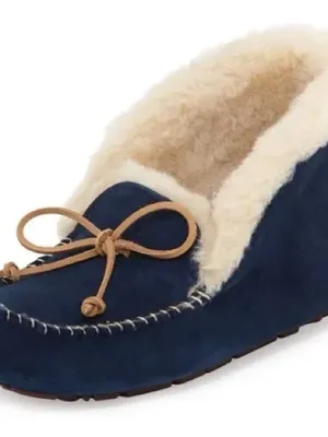 UGG women Navy Suede sheepskin Alena Moccasin Slippers booties US 7 thumbnail 3
