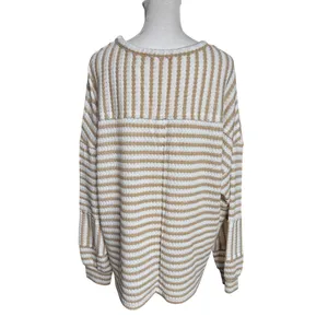 Pink Lily Tan White Striped Oversized Sweater Medium Boxy Coastal Grandmother thumbnail 6
