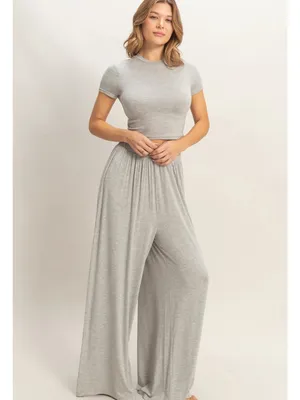 HYFVE Heather Gray Wide Leg Lounge Set Large 2 Piece Crop Top Pants thumbnail 4