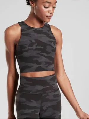 Athleta Conscious Crop Tank Top Black Gray Camo Sports Bra Powervita Small thumbnail 2