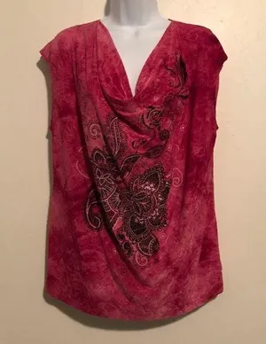 Dress Barn Pink Paisley Rhinestone Draped Blouse thumbnail 1