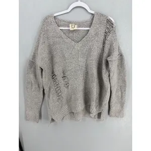 PPLA Womens Sweater Gray Distressed Shredded V-Neck Knit Medium thumbnail 2