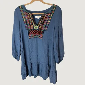 Entro Blue Embroidered Bib Ruffle Hem Mini Dress Boho Long Sleeve D3748 Small thumbnail 2