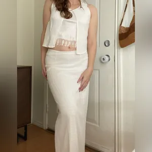 American Vintage Vintage 90s‎ does 70s Boho Cottage Two Piece Maxi Skirt Set Size Small in White thumbnail 3