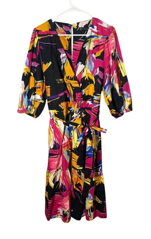 New York & Company 3/4 sleeve wrap dress colorful abstract print Sz L Boho thumbnail 1
