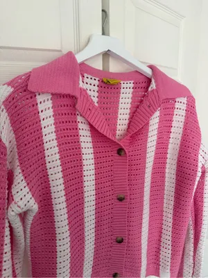 Daisy Crochet Knit Collared Striped Button Down Sweater Cardigan Size Large thumbnail 3