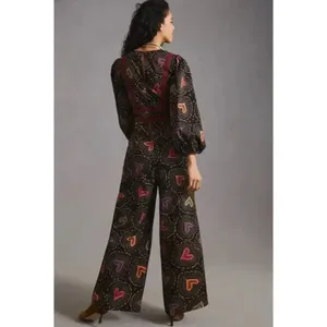 Anthropologie x Farm Rio Jumpsuit M NWT Deep-V Hearts Print Wide-Leg thumbnail 9