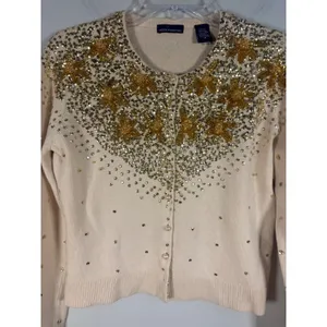Moda International Cardigan Womens M Beige Silk Sequin Beaded Star thumbnail 7