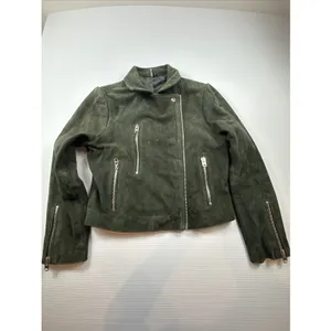 Topshop Suede Leather Moto Jacket Dark Green Women's Size 8 thumbnail 8